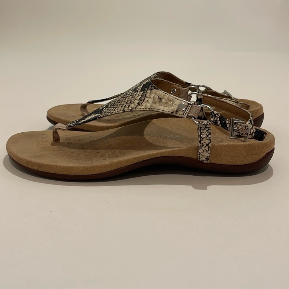 Vionic Kirra Snake Print Leather T Strap Sandals
